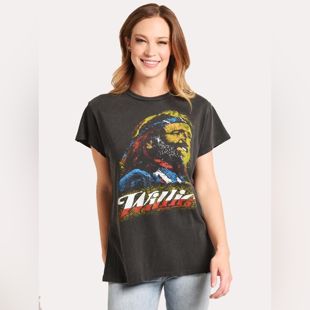 MADEWORN Willie Nelson Black Graphic T-Shirt with Colorful Print
